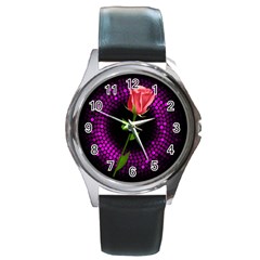 Rosa Black Background Flash Lights Round Metal Watch by Sapixe