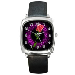 Rosa Black Background Flash Lights Square Metal Watch by Sapixe