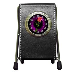 Rosa Black Background Flash Lights Pen Holder Desk Clocks by Sapixe