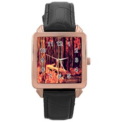 Forest Autumn Trees Trail Road Rose Gold Leather Watch  by Sapixe