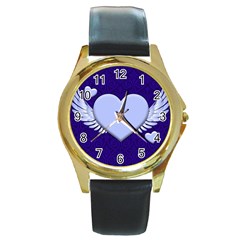 Background Texture Heart Wings Round Gold Metal Watch