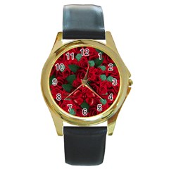 Floral Flower Pattern Art Roses Round Gold Metal Watch