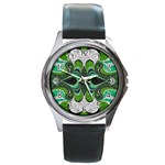 Fractal Art Green Pattern Design Round Metal Watch Front