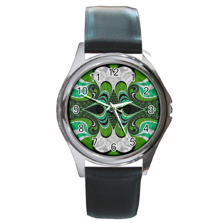 Fractal Art Green Pattern Design Round Metal Watch