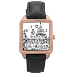 Line Art Architecture Church Rose Gold Leather Watch  by Sapixe