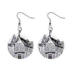 Line Art Architecture Old House Mini Button Earrings by Sapixe