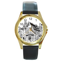 Line Art Architecture Old House Round Gold Metal Watch by Sapixe