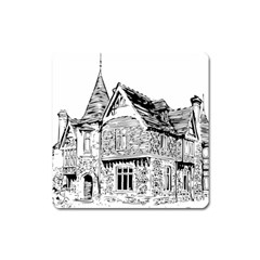 Line Art Architecture Old House Square Magnet by Sapixe