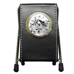 Line Art Architecture Old House Pen Holder Desk Clocks by Sapixe