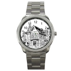 Line Art Architecture Old House Sport Metal Watch by Sapixe