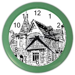 Line Art Architecture Old House Color Wall Clocks by Sapixe