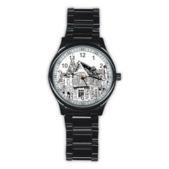 Line Art Architecture Old House Stainless Steel Round Watch by Sapixe