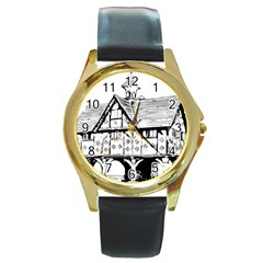 Line Art Architecture Vintage Old Round Gold Metal Watch by Sapixe