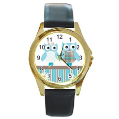 Owl Animal Daisy Flower Stripes Round Gold Metal Watch by Sapixe