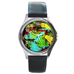 Yellow Dolphins   Blue Lagoon 6 Round Metal Watch by bestdesignintheworld