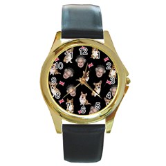 Queen Elizabeth s Corgis Pattern Round Gold Metal Watch by Valentinaart