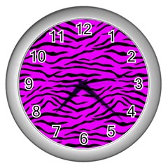 Hot Neon Pink And Black Tiger Stripes Wall Clocks (silver)  by PodArtist