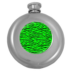 Bright Neon Green And Black Tiger Stripes  Round Hip Flask (5 Oz) by PodArtist