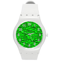 Bright Neon Green And Black Tiger Stripes  Round Plastic Sport Watch (m) by PodArtist