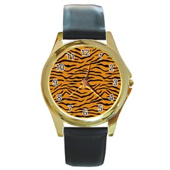 Orange And Black Tiger Stripes Round Gold Metal Watch by PodArtist