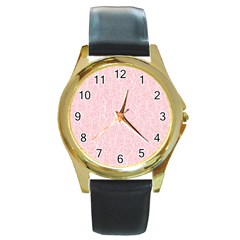 Elios Shirt Faces In White Outlines On Pale Pink Cmbyn Round Gold Metal Watch by PodArtist