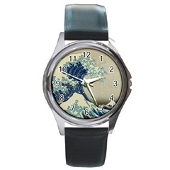 The Classic Japanese Great Wave Off Kanagawa By Hokusai Round Metal Watch by PodArtist