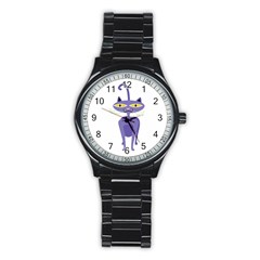 Cat Clipart Animal Cartoon Pet Stainless Steel Round Watch by Sapixe