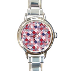 Usa Americana Diagonal Red White & Blue Quilt Round Italian Charm Watch by PodArtist