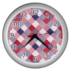 Usa Americana Diagonal Red White & Blue Quilt Wall Clocks (silver)  by PodArtist