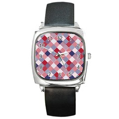 Usa Americana Diagonal Red White & Blue Quilt Square Metal Watch by PodArtist