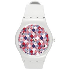 Usa Americana Diagonal Red White & Blue Quilt Round Plastic Sport Watch (m) by PodArtist