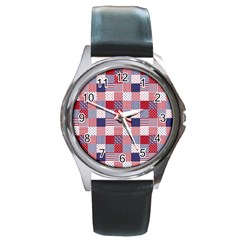 Usa Americana Patchwork Red White & Blue Quilt Round Metal Watch by PodArtist