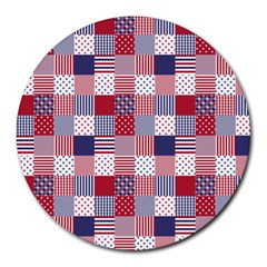 Usa Americana Patchwork Red White & Blue Quilt Round Mousepads by PodArtist