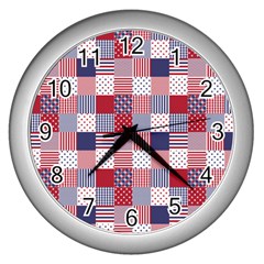 Usa Americana Patchwork Red White & Blue Quilt Wall Clocks (silver)  by PodArtist