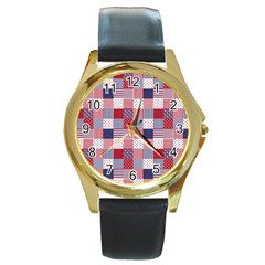 Usa Americana Patchwork Red White & Blue Quilt Round Gold Metal Watch by PodArtist