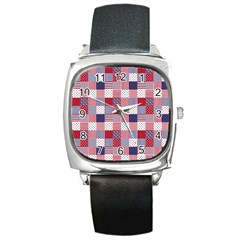 Usa Americana Patchwork Red White & Blue Quilt Square Metal Watch by PodArtist