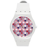 USA Americana Patchwork Red White & Blue Quilt Round Plastic Sport Watch (M) Front