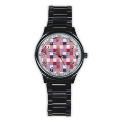 Usa Americana Patchwork Red White & Blue Quilt Stainless Steel Round Watch by PodArtist