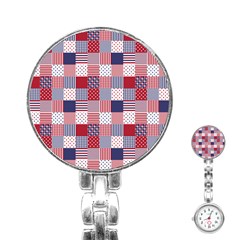 Usa Americana Patchwork Red White & Blue Quilt Stainless Steel Nurses Watch by PodArtist