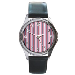 Usa Flag Red And Flag Blue Narrow Thin Stripes  Round Metal Watch by PodArtist