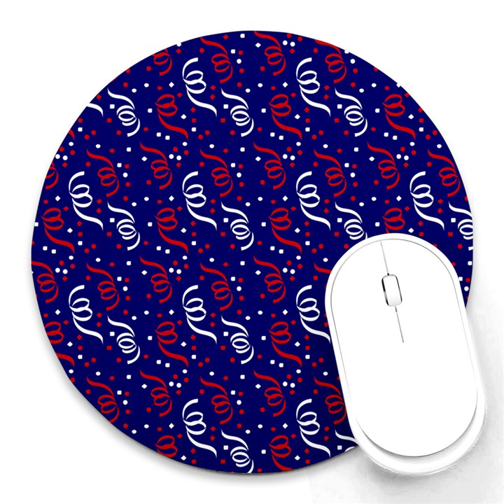 Red White and Blue USA/UK/France Colored Party Streamers on Blue Round Mousepads