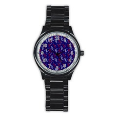 Red White And Blue Usa/uk/france Colored Party Streamers On Blue Stainless Steel Round Watch by PodArtist