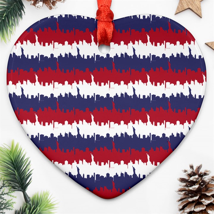 244776512NY USA Skyline in Red White & Blue Stripes NYC New York Manhattan Skyline Silhouette Heart Ornament (Two Sides)