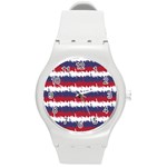 244776512NY USA Skyline in Red White & Blue Stripes NYC New York Manhattan Skyline Silhouette Round Plastic Sport Watch (M) Front