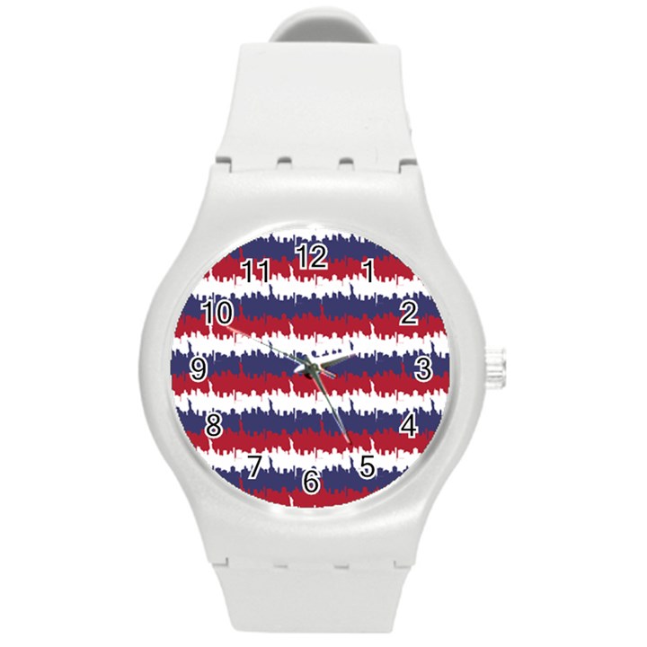 244776512NY USA Skyline in Red White & Blue Stripes NYC New York Manhattan Skyline Silhouette Round Plastic Sport Watch (M)