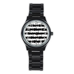 Black & White Stripes Nyc New York Manhattan Skyline Silhouette Stainless Steel Round Watch by PodArtist