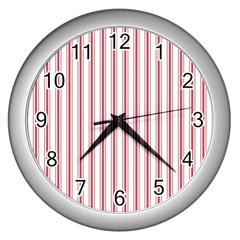 Mattress Ticking Wide Striped Pattern In Usa Flag Red And White Wall Clocks (silver)  by PodArtist