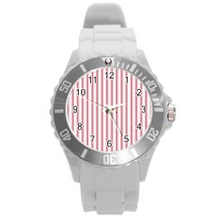 Mattress Ticking Wide Striped Pattern In Usa Flag Red And White Round Plastic Sport Watch (l) by PodArtist