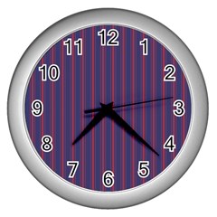 Mattress Ticking Wide Striped Pattern In Usa Flag Blue And Red Wall Clocks (silver)  by PodArtist