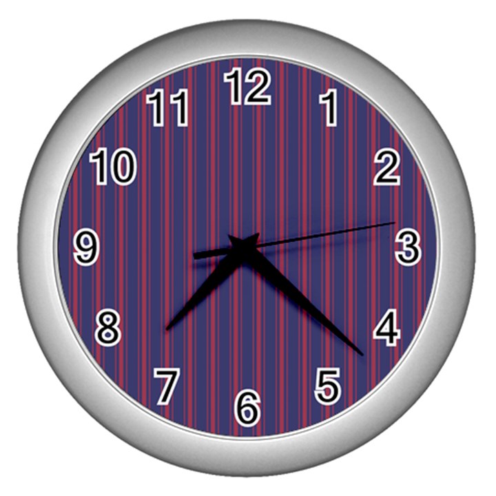 Mattress Ticking Wide Striped Pattern in USA Flag Blue and Red Wall Clocks (Silver) 